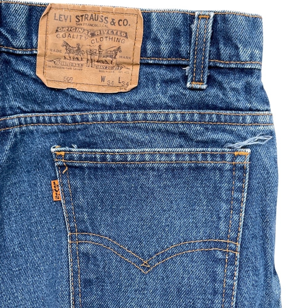 Levi's 505 Jeans Men 34W 34L Blue Regular Straight Leg Orange Tab Red Bat Cotton